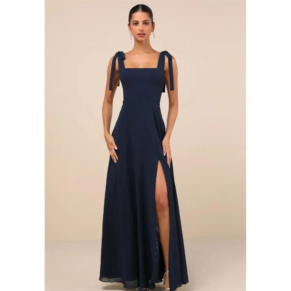 Lulus NWT Love Me Forever Navy Blue Tie-Strap Square Neck A-Line Maxi Dress Lg